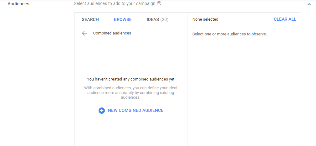 15. Click on Combined audience. A new window will appear